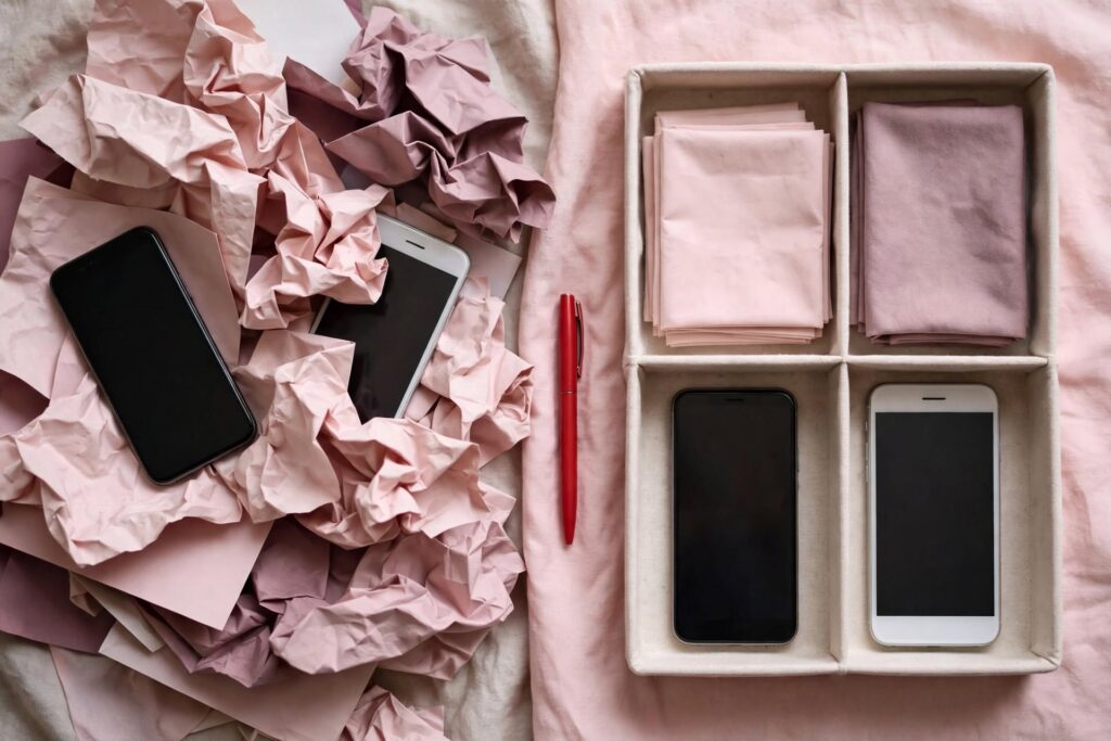 Crumpled paper and phones in a mess beside the same items neatly sorted, a red pen between them