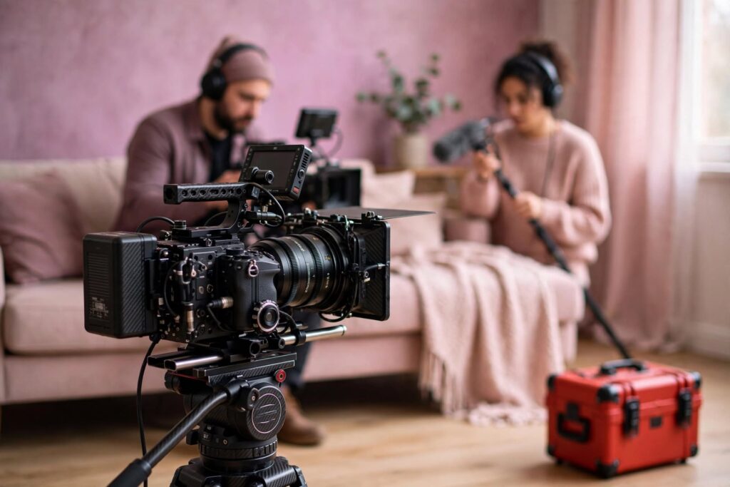 Film crew with a cinema camera and boom microphone recording a corporate interview in a bright studio