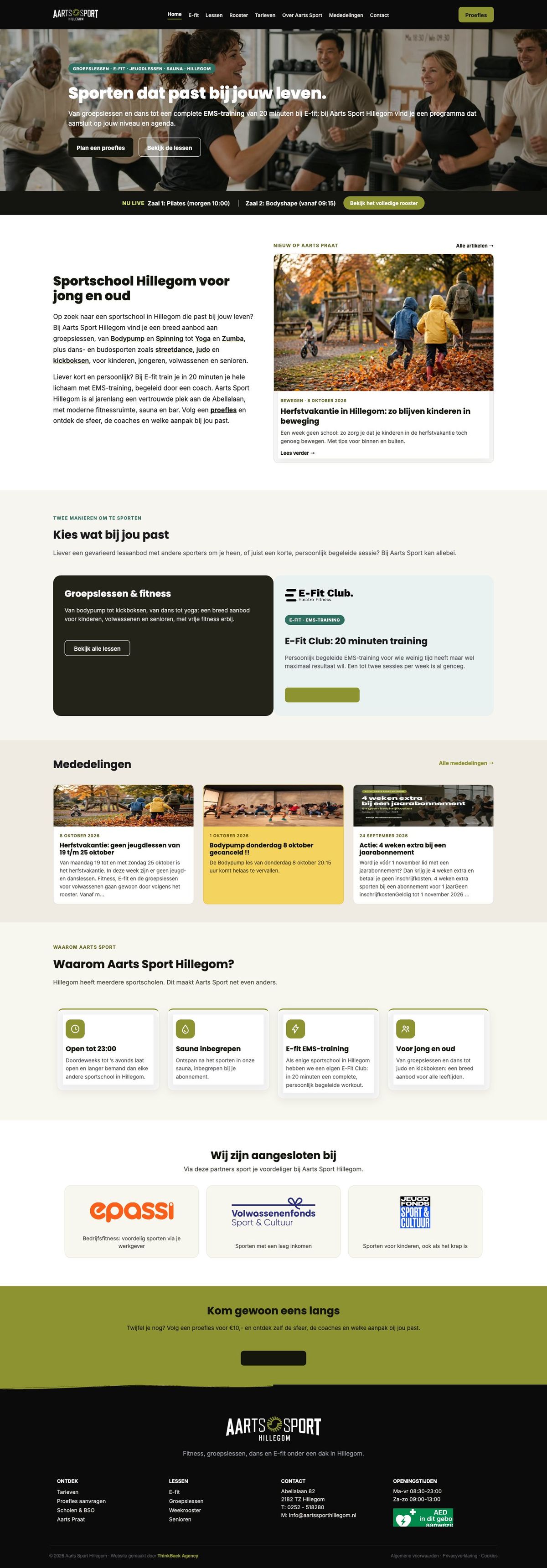 Homepage van Aarts Sport Hillegom: hero, live rooster en de mededelingen
